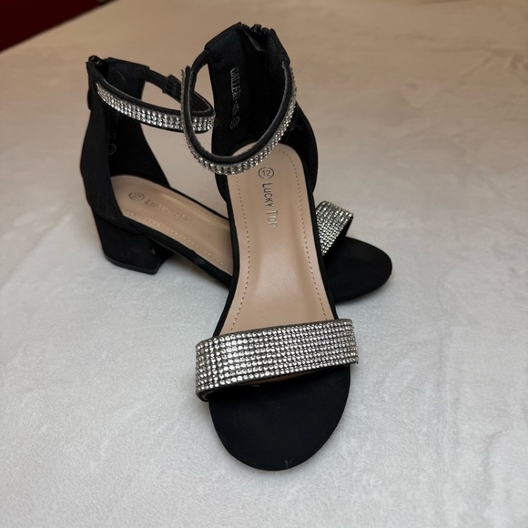 Lucky Top Gallery 45K Black Low Heels with Elegant Rhinestones and Ankle Strap - Picture 1 of 9